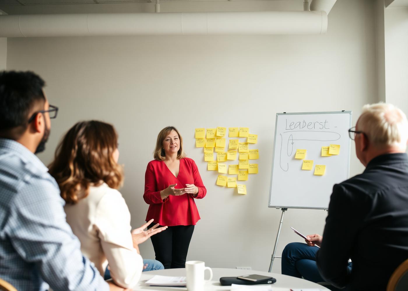 A facilitated leadership session in progress around a whiteboard